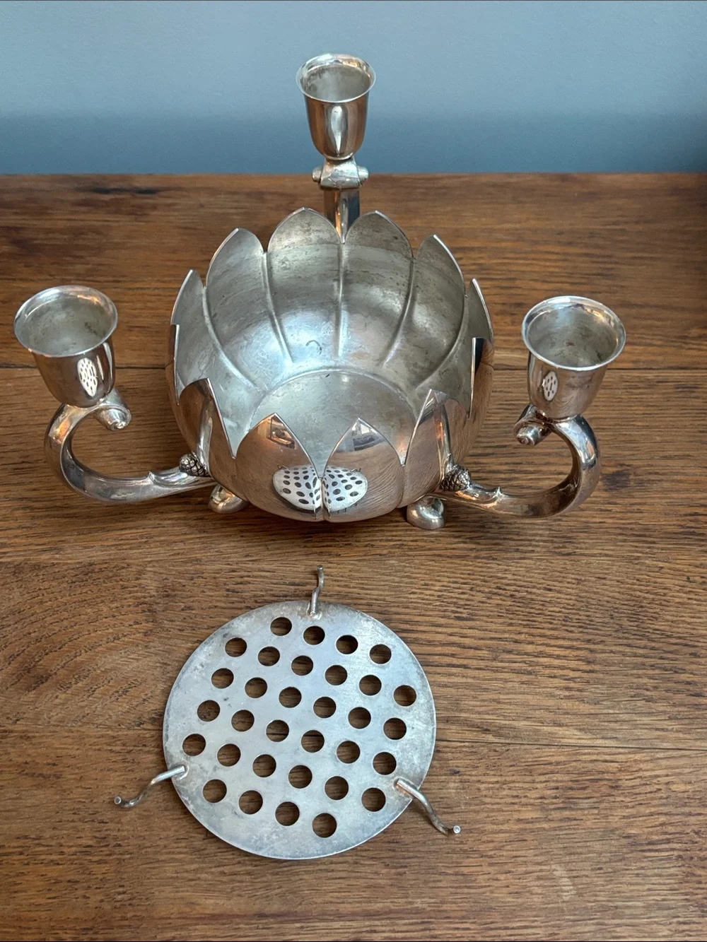 VTG Reed & Barton Silver Plated Lotus 3-Arm Candle & Flower Frog Centerpiece